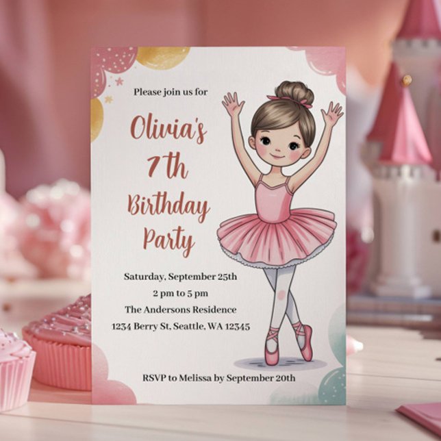 Söta Barn Ballerina 7-års Födelsedagsfest Inbjudningar (Skapare uppladdad)