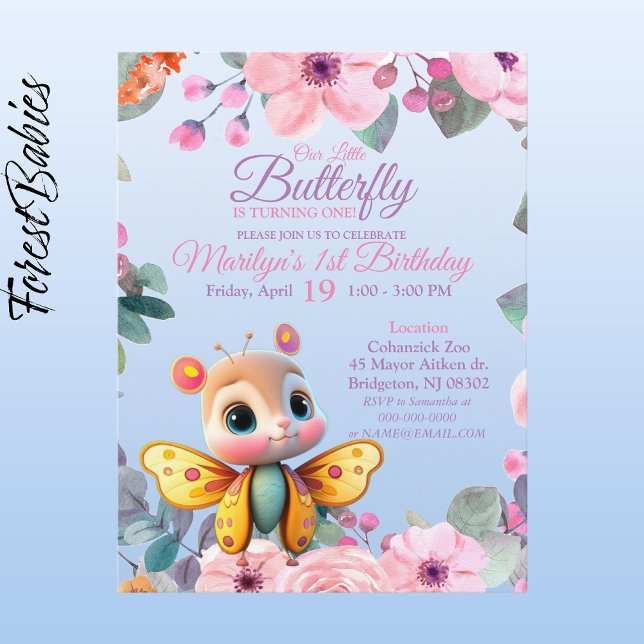 Söta barn Blommig fjäril bebis flicka 1-års födels Vykort (Butterfly Girl 🦋 Pink Floral 🌸 ForestBabies Customizable 1st Birthday Party Front)