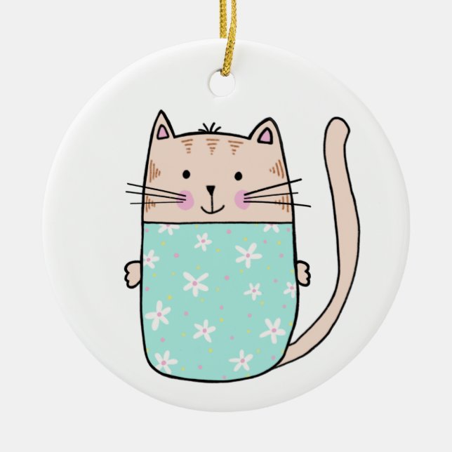 Söta barn blommig katt illustration julgransprydnad keramik (Framsidan)