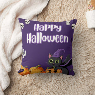 Söta barn glädjer sig åt Halloween svart katt Kudde
