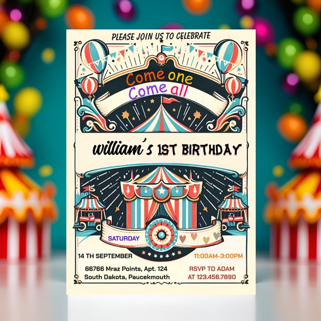 söta barn Karneval Cirkus Show 1-års födelsedag Inbjudningar (Skapare uppladdad)