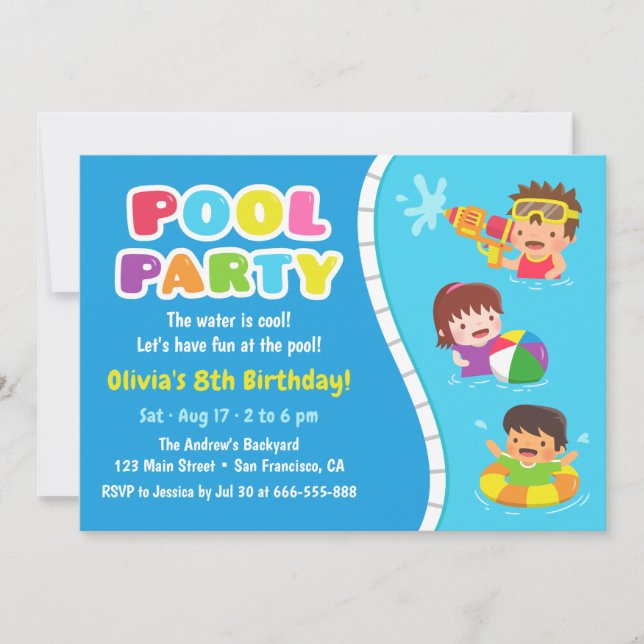 Söta barn poolparty roliga födelsedagsinbjudningar inbjudningar (Framsida)
