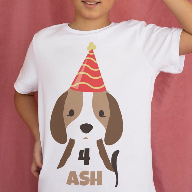 Söta barnens valp hundnamn & ålder födelsedag t shirt (birthday t-shirt with age and name puppy dog with party hat )