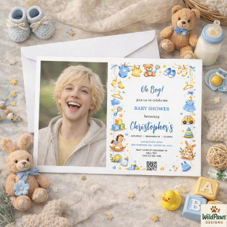Söta barnkläder & leksaker pojk-baby shower foto inbjudningar