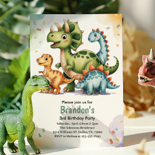 Söta barns dinosaurie 3-års födelsedagsfest inbjudningar