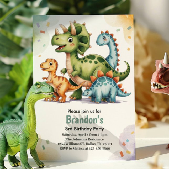 Söta barns dinosaurie 3-års födelsedagsfest  inbjudningar (Skapare uppladdad)