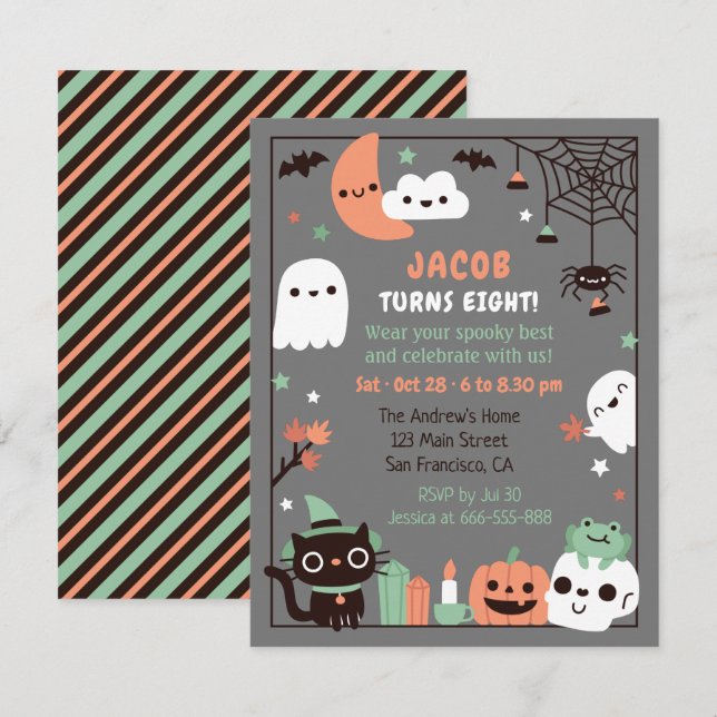 Söta barns Halloween-födelsedagsfest Grå Inbjudningar (Fram/baksida)