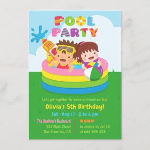 Söta barns mini uppblåsbar pool födelsedagsfest inbjudningar