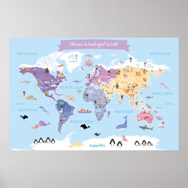 Söta barns världskarta med illustrationer poster (Framsidan)