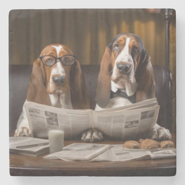 Söta basset hounds läser tidning stenunderlägg (Framsidan)