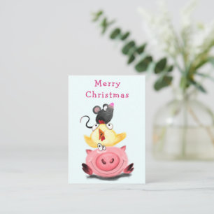 Söta bästa vänner Gris Kyckling och Mus Jul Anteckningskort