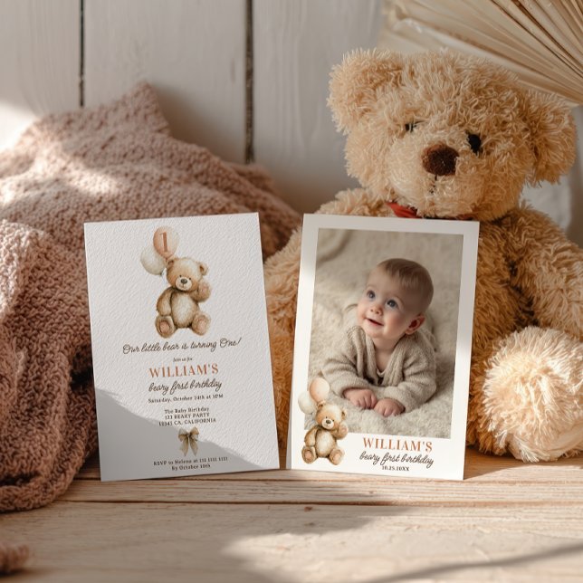 Söta Beary 1-års födelsedags nallebjörn Foto ballo Inbjudningar (Cute Beary 1st Birthday Teddy Bear Photo Balloons Invitation)