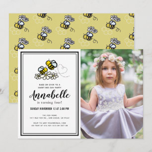 Söta Bee Day Party Cute Blommigt Foto Birthday Inbjudningar