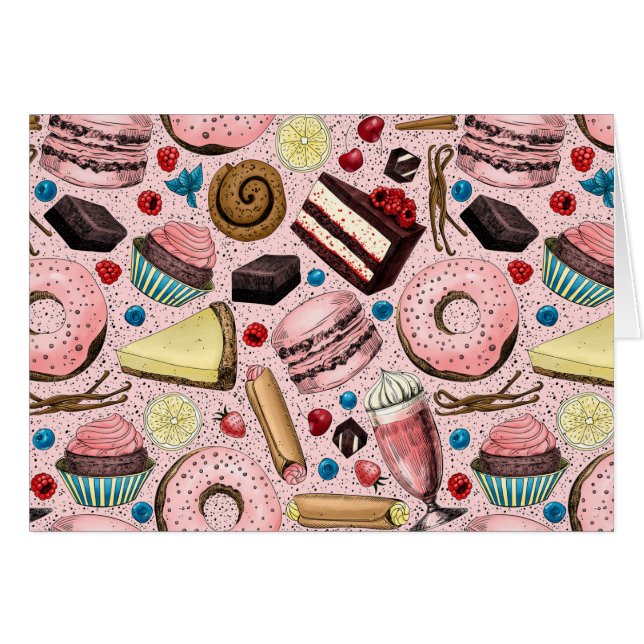 Söta behandlingar på rosa hälsningskort (Framsidan Horizontal)