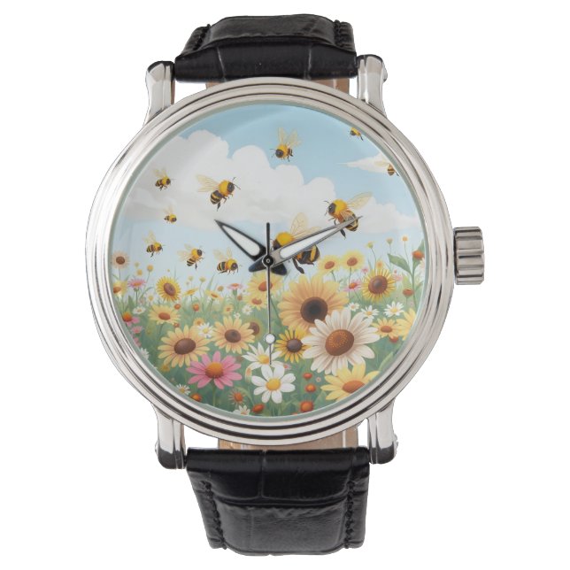 Söta bin och blommor illustration armbandsur (Framsida)