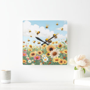 Söta bin och blommor illustration fyrkantig klocka