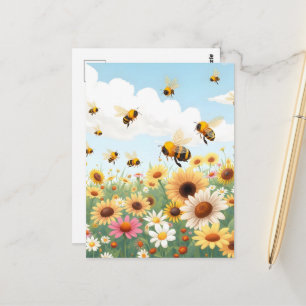 Söta bin och blommor illustration vykort