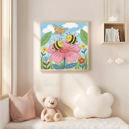 Söta bin och fjäril dansar kritteckning barn poster