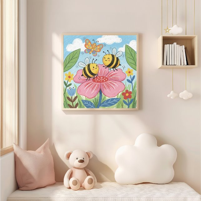 Söta bin och fjäril dansar kritteckning barn poster (Skapare uppladdad)