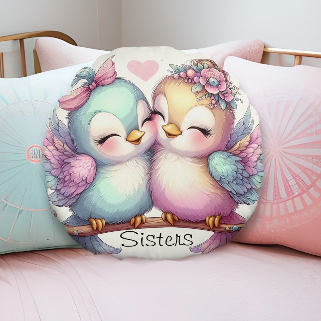 Söta Bird Sisters Adsible Girly Rosa Pastel Kärlek Rund Kudde (Cute sister love birds personalized pillow pastel pink blue purple little girls shared bedroom decor)