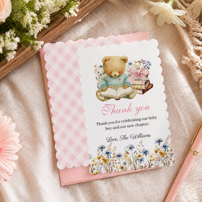 Söta Björn Tjej Böcker Barnkalas Tack Kort (Anew chapter will soon begin bear baby shower thank you card)