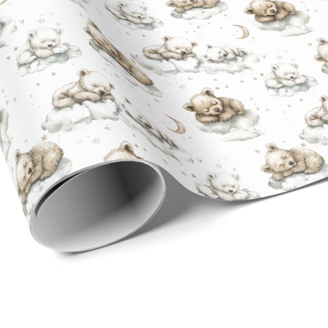 Söta björnunge sover tungt på ludna moln presentpapper (Rullad Hörn)