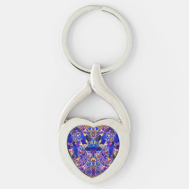 Söta blå abstrakta element  twisted heart silverfärgad nyckelring (Framsidan)