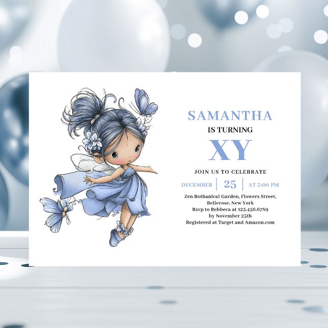 Söta Blå Älva Flicka 1-års Födelsedags Magiska Inb Inbjudningar (Cute Blue Fairy Girl 1st Birthday Magical invitation)