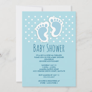 Söta Blå Bebis Pojke Fotspår Baby Shower Inbjudningar
