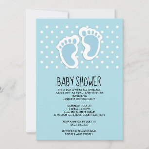 Söta Blå Bebis Pojke Fotspår Baby Shower Inbjudningar