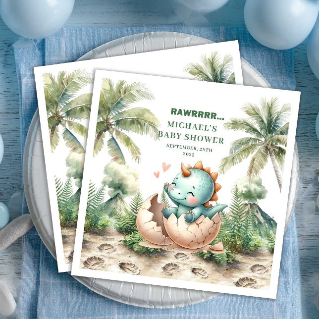 Söta Blå Dinosaurie Bebis Babyshower Klipp Näsduk  Pappersservett (Cute Blue Dino Baby Shower Hatching Soon Napkins)