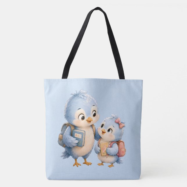 Söta blå fågel syskon Svart Totebag Tygkasse (Framsida)