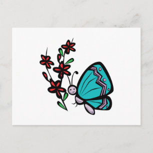 Söta blå fjäril och blommor vykort