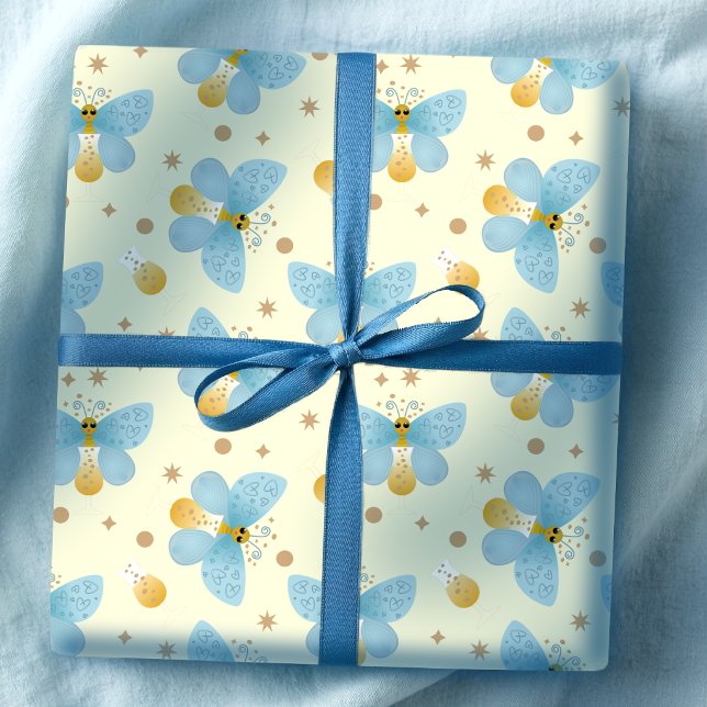 Söta Blå Fjärilar Med Champagneglas Presentpapper (Blue wings, gold dots, butterflies in a glass. A cute way to wrap up any gift.)