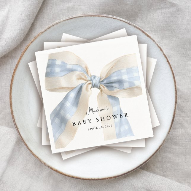 Söta Blå Gingham Rutor Bow Baby Shower Pappersservett (Skapare uppladdad)