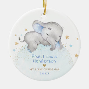 Söta Blå Guld Elephant Baby 1:a jul Julgransprydnad Keramik