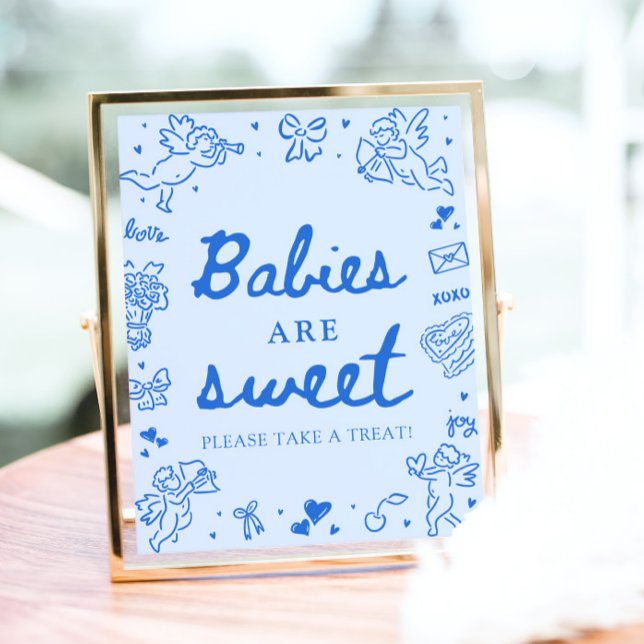 Söta Blå Handritade Bebisar Är Söta Ta En Godis Poster (Cute Blue Hand Drawn Babies Are Sweet Take a Treat Sign)