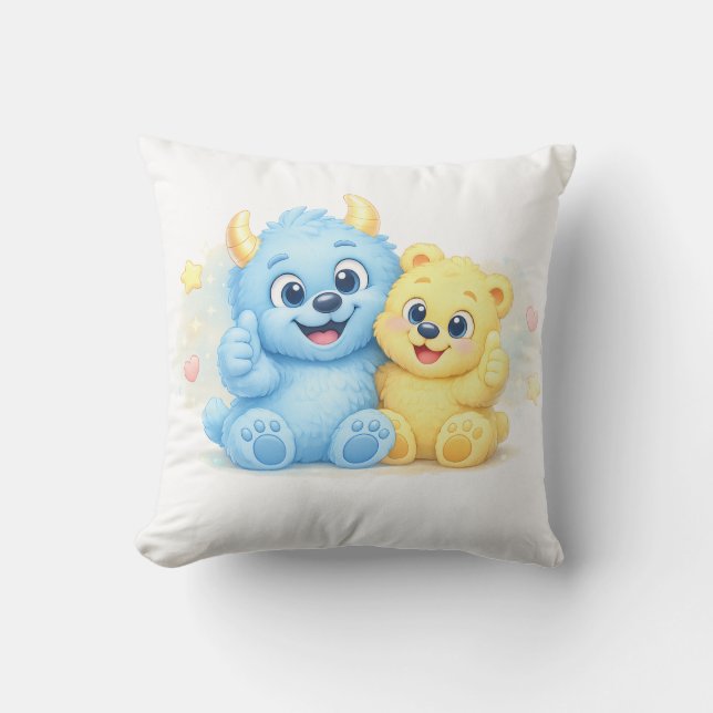 Söta blå och gula monster bästa vänner kudde (Framsida)