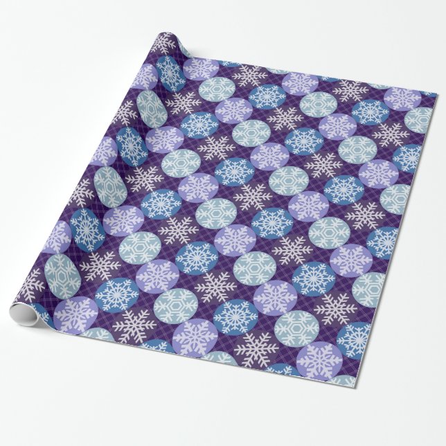 Söta blå och lila snöflingor julmönster presentpapper (Utrullad)