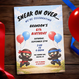 Söta blå och röda ballonger Två ninjor Barnkalas Inbjudningar