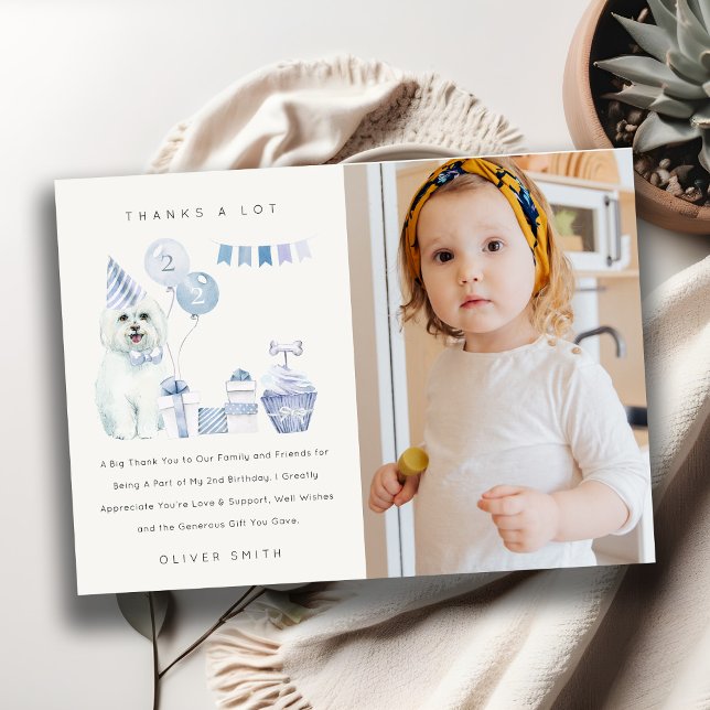 Söta blå pojkar hund födelsedagsfoto fest alla åld tack kort (Skapare uppladdad)