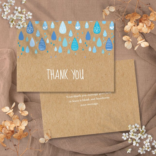 Söta Blå Regndroppar Boho Rustik Kraft Stilig Tack Kort (Cute Blue Raindrops Boho Rustic Kraft Stylish Thank You Card)