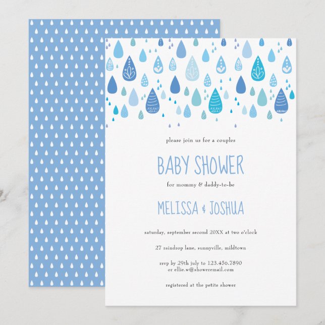 Söta Blå Regndroppar Par Baby Shower Inbjudningar (Fram/baksida)