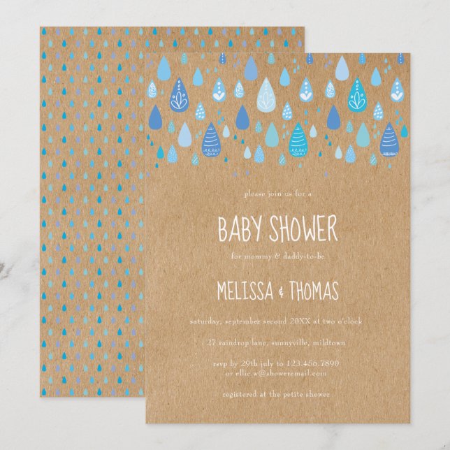 Söta blå regndroppar Par Baby Shower / Strössel Inbjudningar (Fram/baksida)