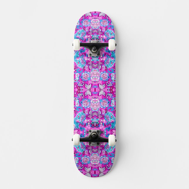 Söta blå rosa blommönster mini skateboard bräda 18,5 cm (Framsida)