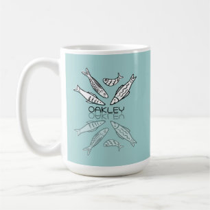 Söta blå sardiner Reflektion Doodle Anpassat namn Kaffemugg