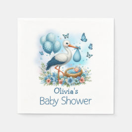 Söta blå stork pojke baby shower servetter