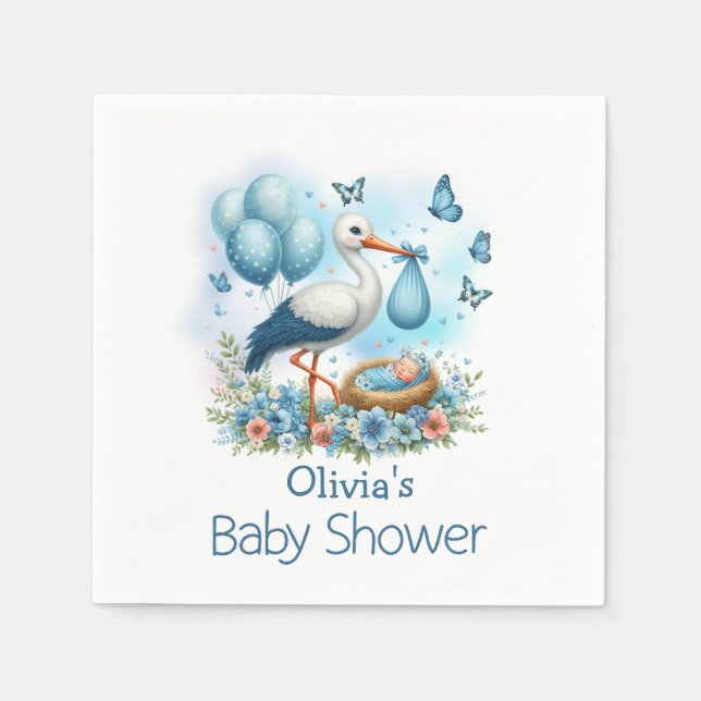 Söta blå stork pojke baby shower servetter (Framsidan)