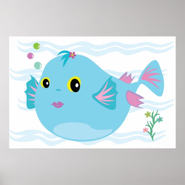 Söta Blå Tropiska Fiskar Rosa Fena Poster (Framsidan)