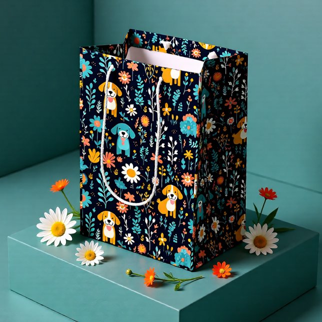 Söta blå valp blommor (Cute Puppy Floral Pattern Dog Lover Medium Gift Bag)